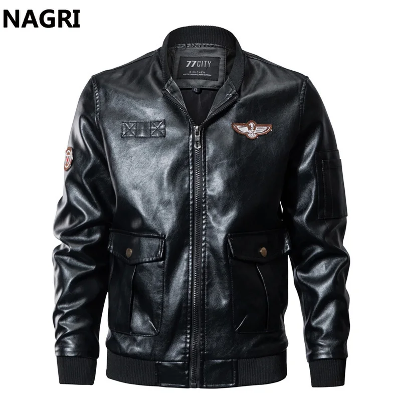 Мужская кожаная куртка куртка-пилота в стиле милитари из искусственной кожи для