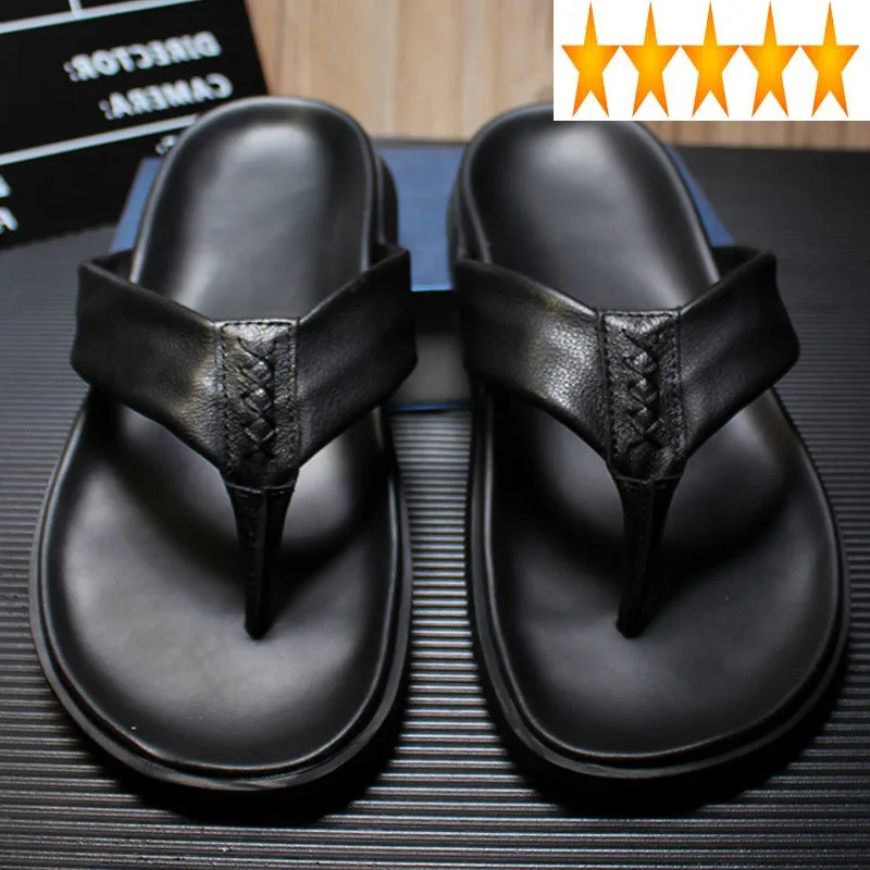 Brand Flops Mens Non-Slip Flip Genuine Leather Personalized Beach Slipper Fashion Streetwear Summer Black Flat Sandals Footwear