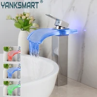 yanksmart bathroom led waterfall faucet torneira glass brass basin sink chrome faucet bathroom mixer wate tap deck mounted