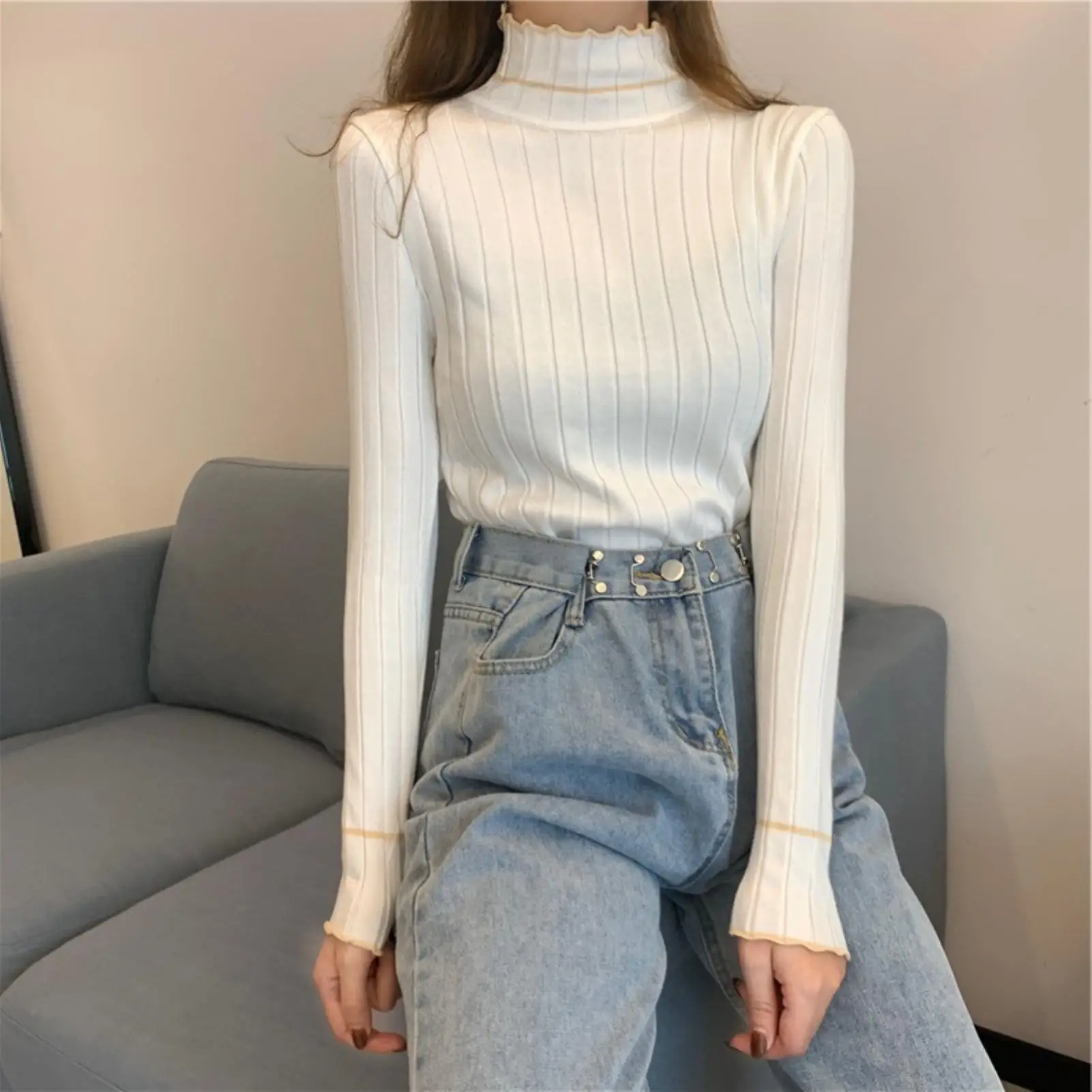 

Fashion Sexy Women Slim Long Sleeve Mock Neck Lace Knitwear Pullover Blouse Top