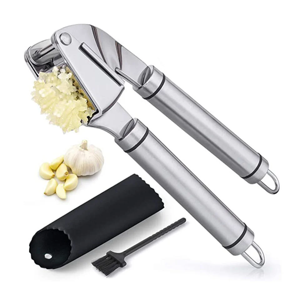

304 Stainless Steel Garlic Press Mincer Crusher Easy Silicone Roller Peeler & Cleaning Brush Kitchen Gadgets