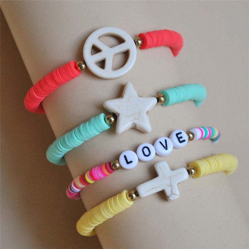 

Luokey Vintage Bohemian Star Polymer Clay Bracelets Set For Women Fashion Cross Love Charm Bracelets Bangles Ladies Boho Jewelry
