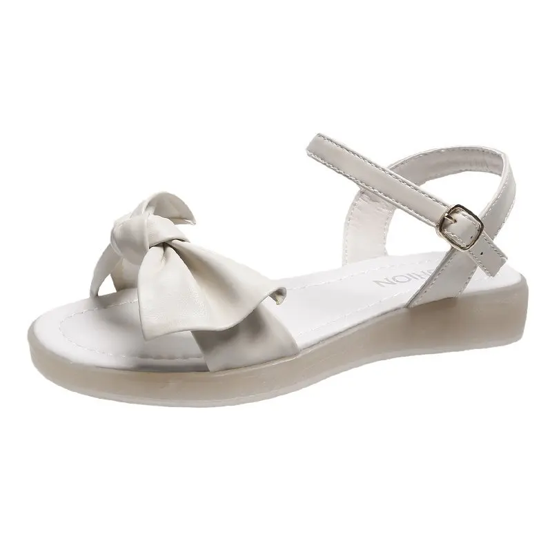 

Open Toe Leather Sandals Women Bow Shoes Summer Heels Buckle Strap Suit Female Beige Peep Girls Fashion Clear Flat 2021 Beach Co