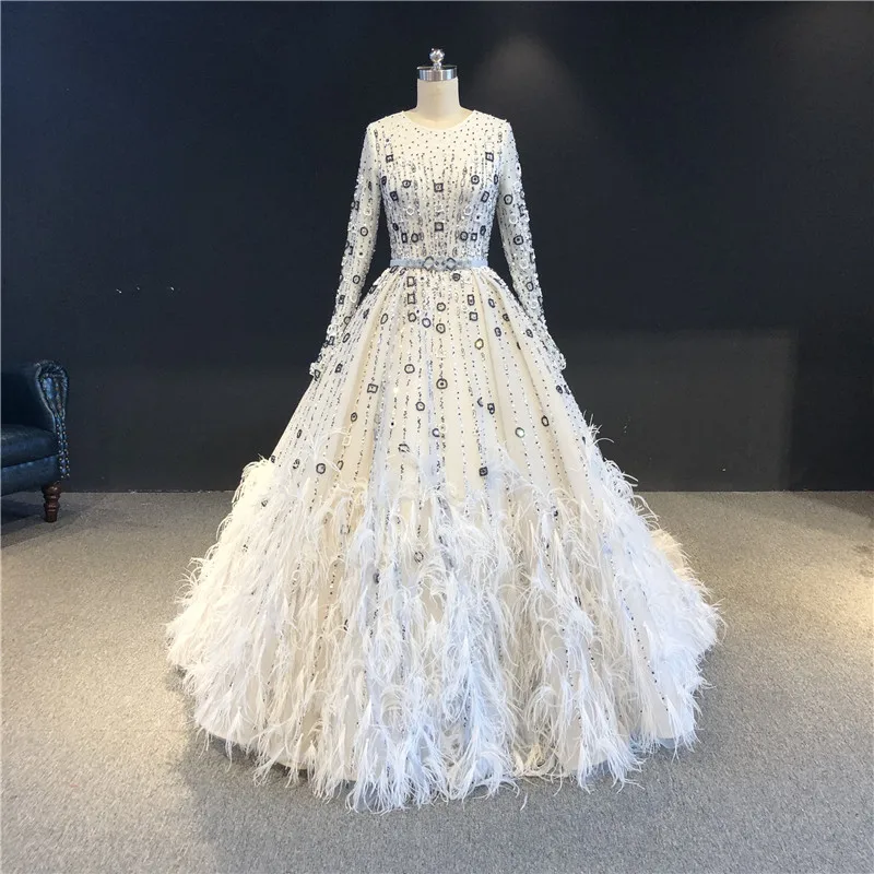 

Vestidos de fiesta 100%Real Sample Long Sleeves Heavy Beads with Feather Ball Gown Formal Party Prom Bridal Women Evening Dress