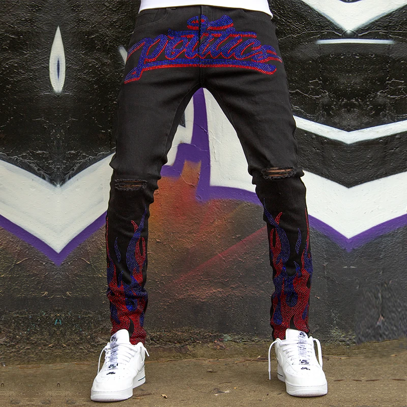 

y2k Men's Stretchy Ripped Skinny Black Jeans Slim High Quality Hole Trousers Aesthetic Rhinestones Streetwear Denim Pencil Pants