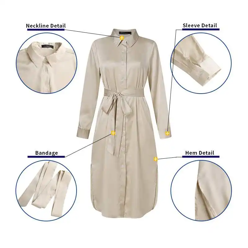 Celmia 2022 Summer Women Lightweight Belted Satin Midi Dress Casual Long Sleeve Shirt Dress Summer Elegant Lapel Slit Vestidos