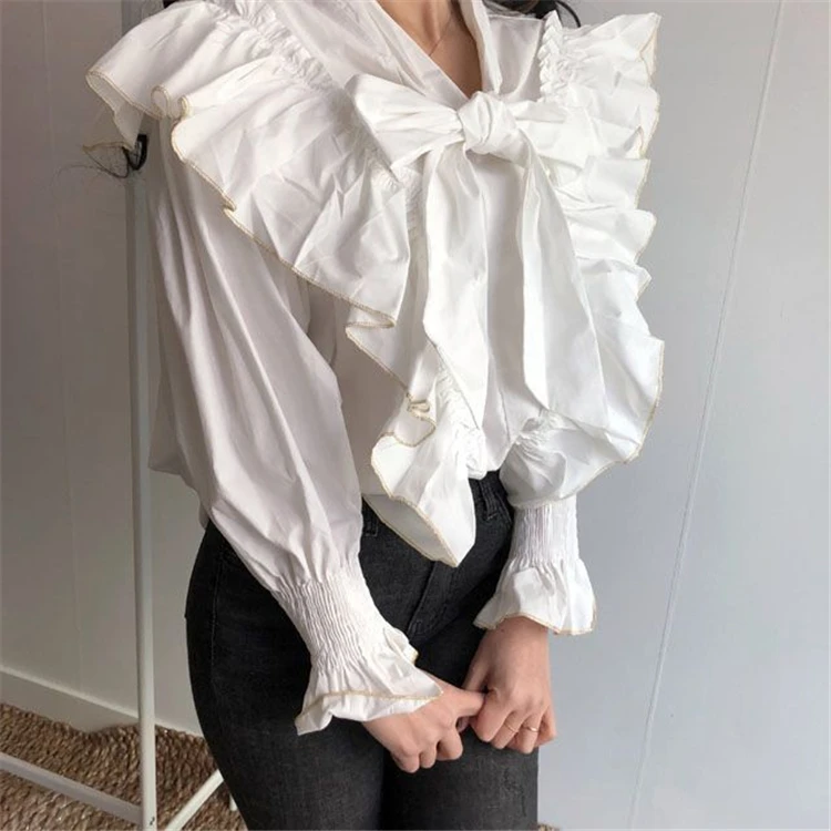 

New Korean Spring White Womens Tops and Blouses Female Lace-up Bow Flare Long Sleeve Ruffles Shirts Tops Elegant Blusas Clothing