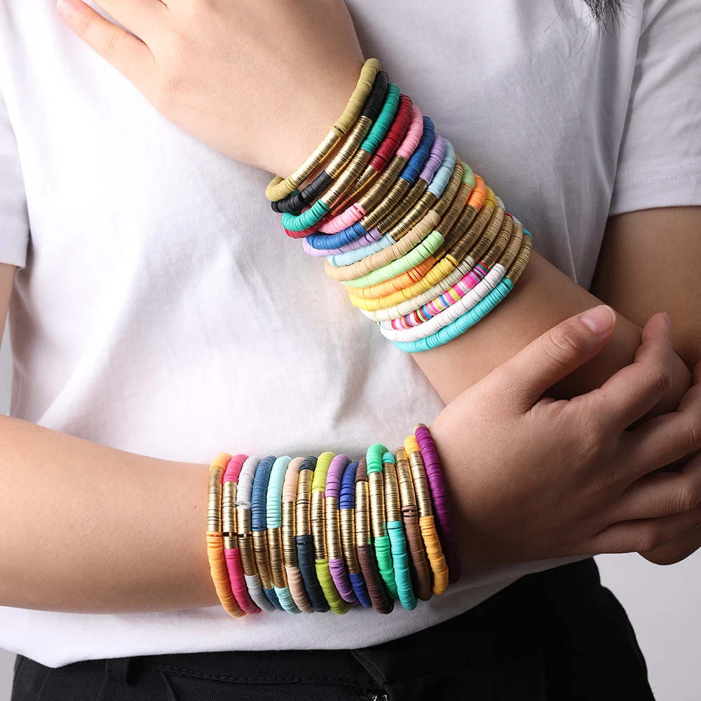 

10Pcs Rainbow 6mm Polymer Clay Heishi Disc Rondelle Beads Elastic String Bracelet Women Gold Copper Bohemia Friendship Bracelet