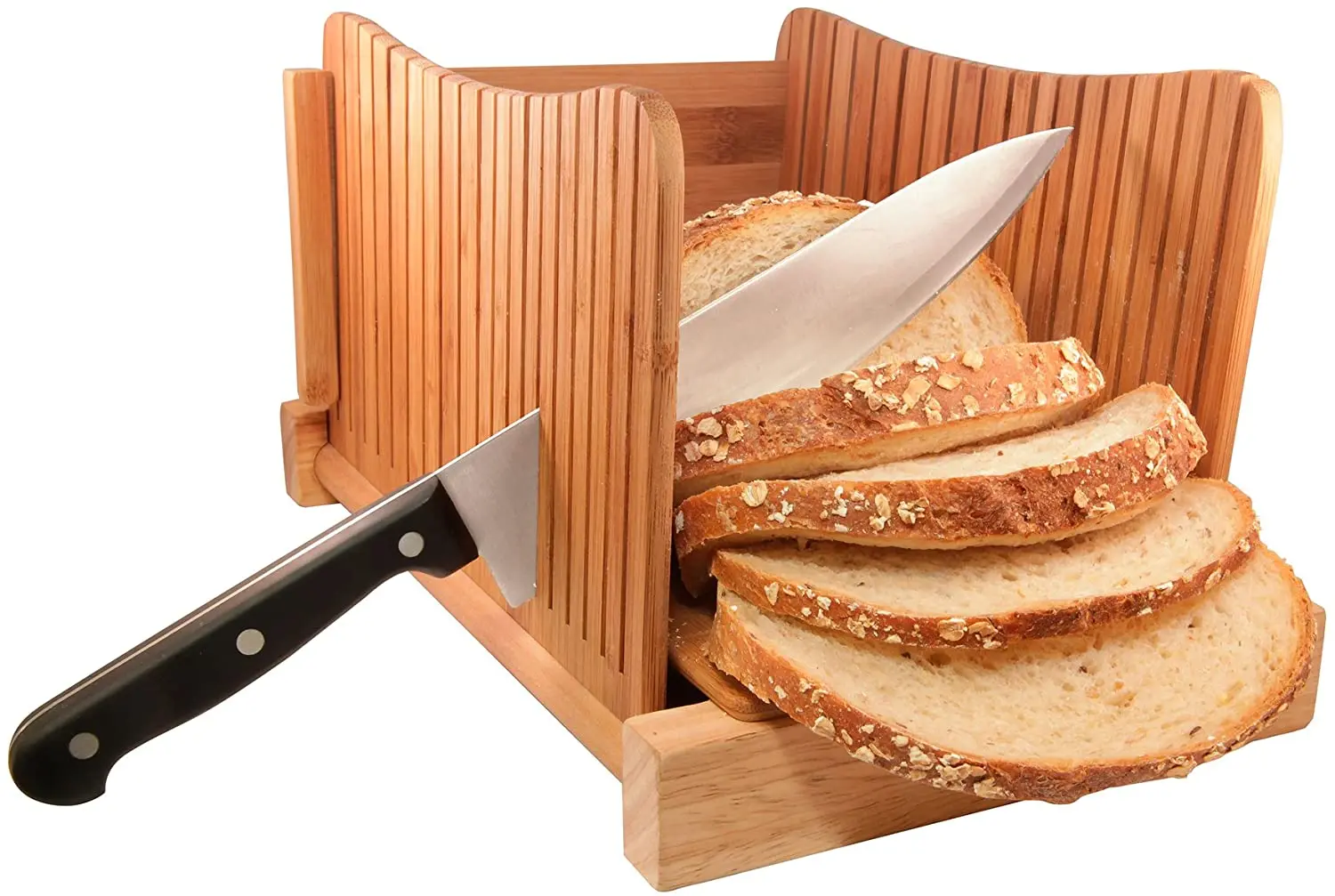 

Bread Slicer Foldable Bamboo Bread Cutter Adjustable 3 Thickness Loaf Bread Slicing Guide with Crumbs Tray Bread Slicer for Loaf