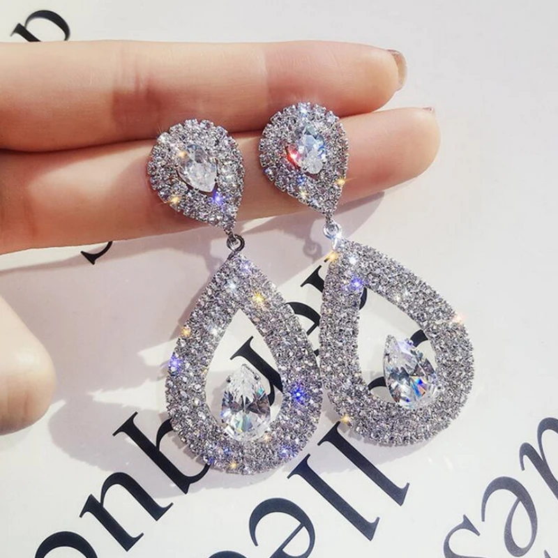 

Fashion Luxury Shiny Rhinestone Geometric Drop Earrings For Women Silver Color Crystal Statement Earrings Wedding Jewelry Gifts