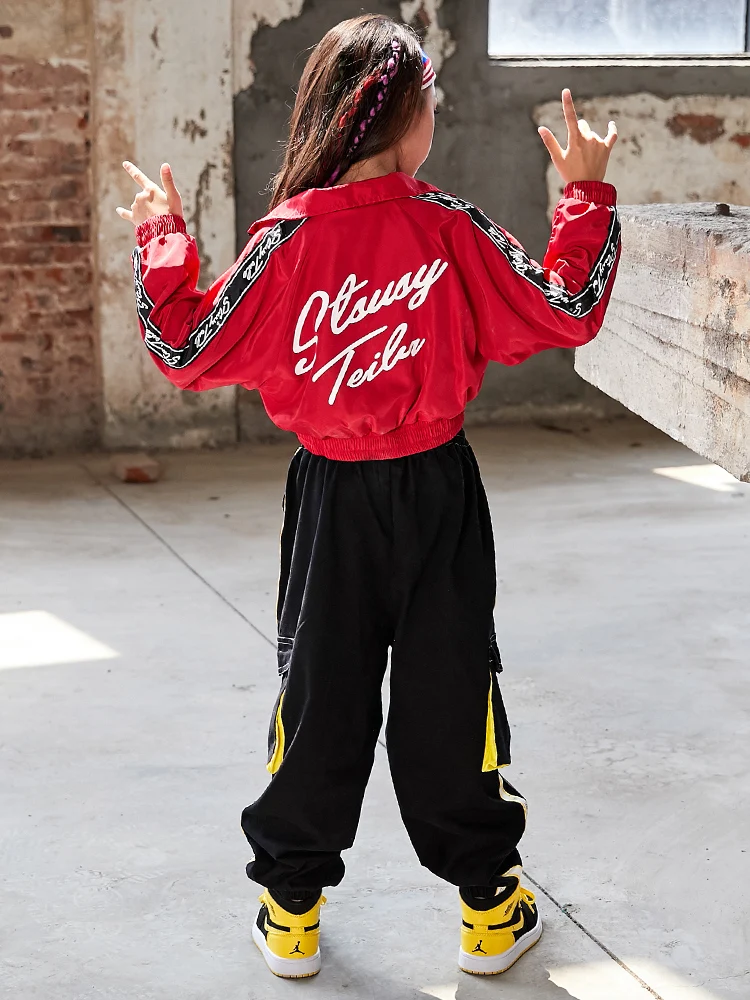 

Jazz Dance Costumes For Girls Red Short Jacket Hiphop Pants Set Children Jazz Performance Stage Costume Rave Clothes Wear BL4792