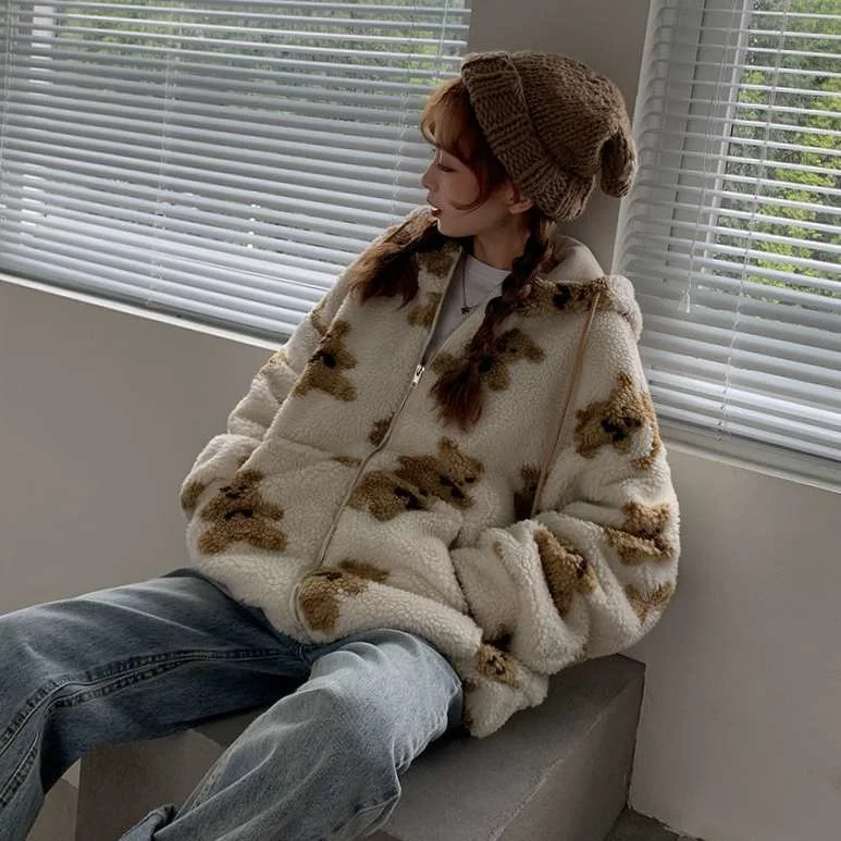 

Кашемировое пальто, Осень-зима 2020, новое корейское свободное милое корейское худи с маленьким медведем для колледжа, ins