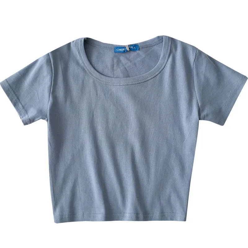 

Abrini Summer 2021 Women Cotton Underwear T-Shirts Solid Crop Tops Slim All-mattch Women T-Shirts Round Neck Knitted Plain Tees