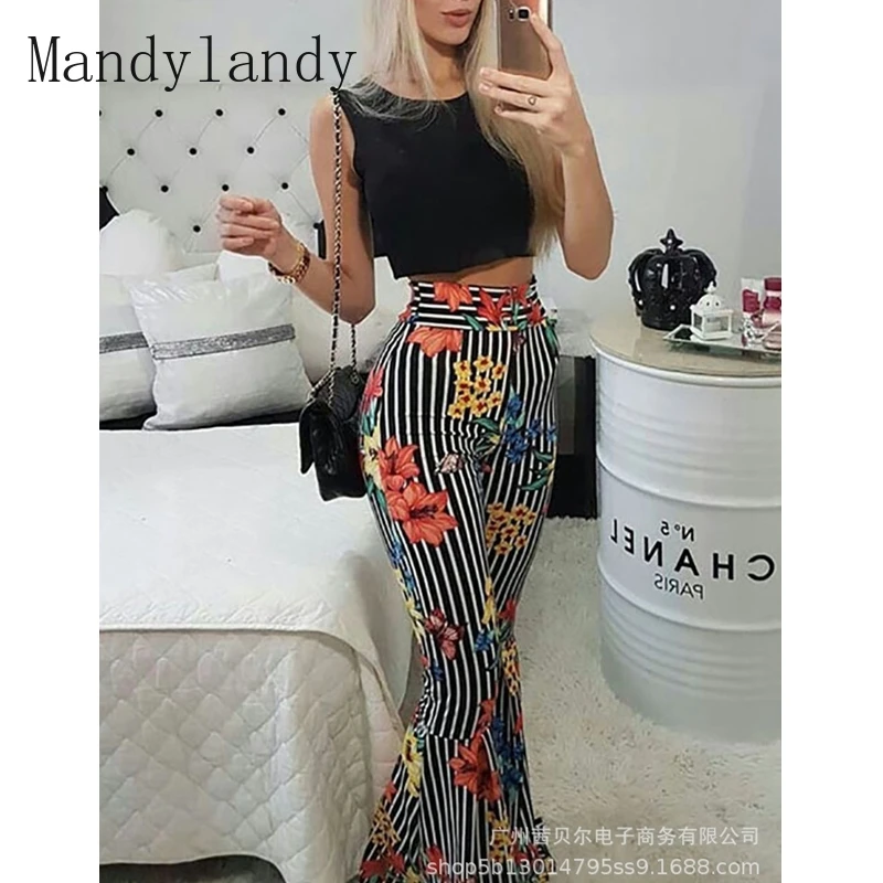 

Mandylandy Summer O-Neck Sleeveless Vest + High Waist Striped Printed Flare Pants Suit Women's Sexy Slim Fit Two-Piece Suit Suit