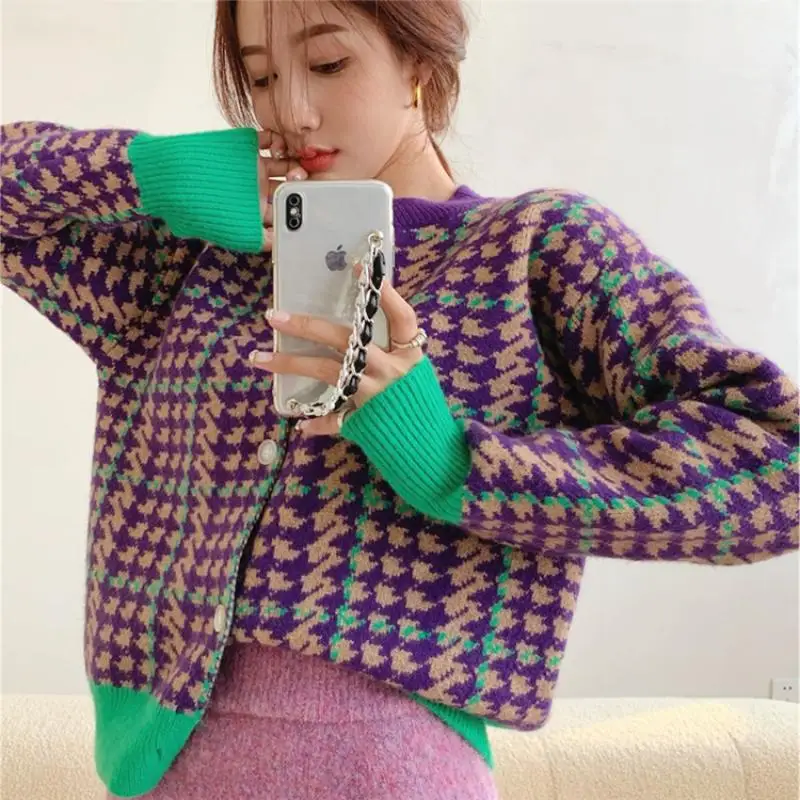 

Loose Rhombus Sweater Cardigan Jacket Women Spring Autumn New Retro Look Thin Contrast Color Knitted Jacket Outer Wear Trendy