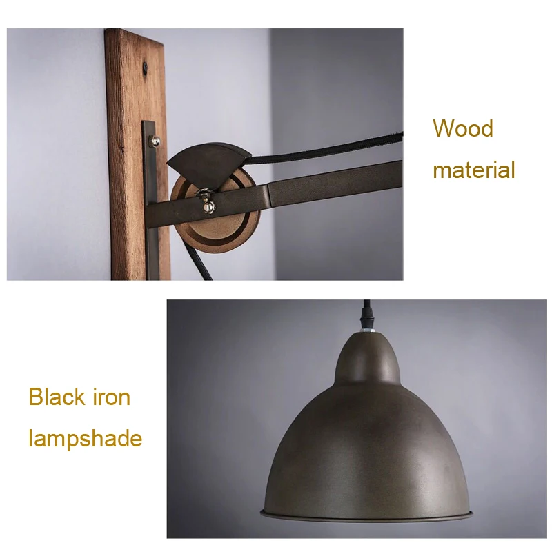 

Loft vintage light wood wall lamp industrial light design lifting pulley wall lamp bar Cafe aisle bedroom bedside wall lamp