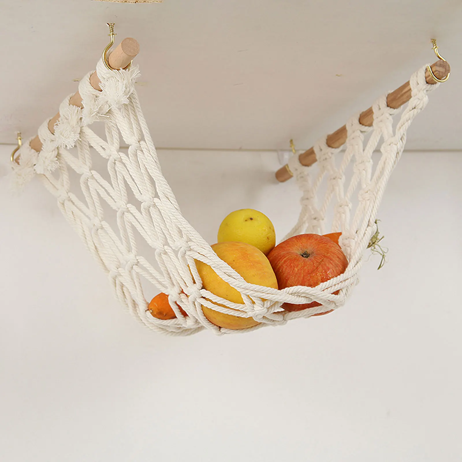 

2022 New Hanging Fruit Hammock Bohemian Style Woven Net with Wooden Sticks Hooks
