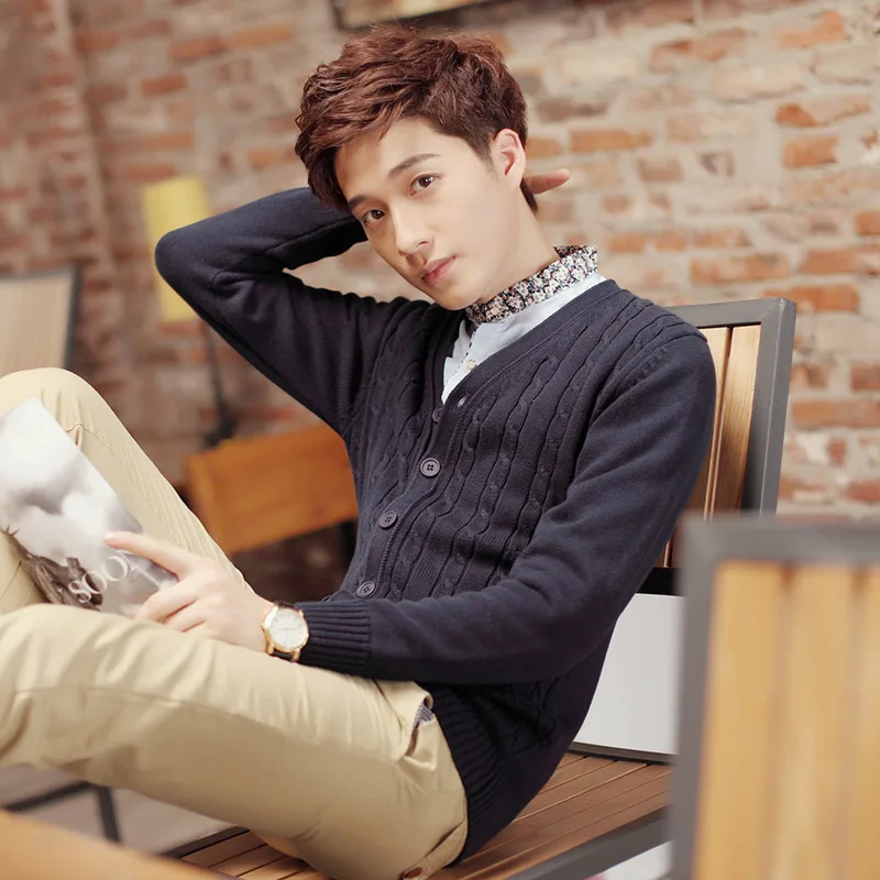 100% хлопок вязаный кардиган мужской 2020 осень зима длинный рукав сплошной цвет
