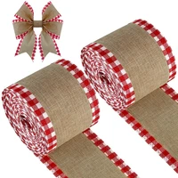 2 rolls buffalo plaid wired edge ribbons christmas imitate burlap fabric craft wrapping ribbon rolls with checkered edge