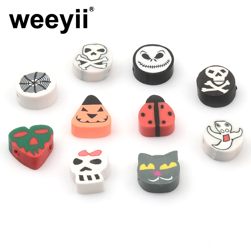 

8~10mm 10 Styles Mix Colors Halloween Series Polymer Clay Beads Skull Shape Loose Spacer Beads For Jewelry Making DIY Accessorie