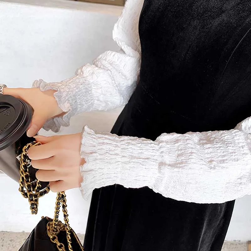 

Vintage Ladies Fake Two-Piece Velvet Dress Party Holiday One-Piece Korean Dresses 2021 Spring Autumn Women'S Dress Midi Dress