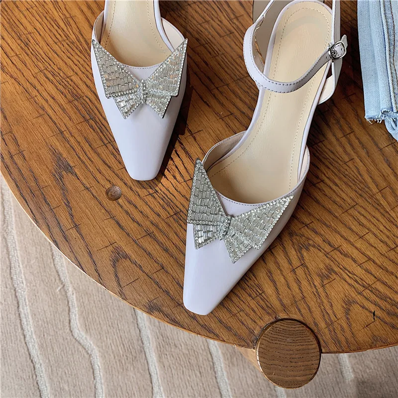 

MEMUNIA 2021 Top Quality Genuine Leather Shoes Women Sandals Crystal Bowknot Buckle Thick High Heels Sandals Ladies Party Shoes