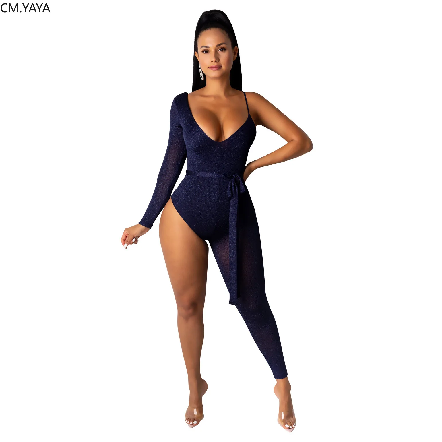 Женский Длинный комбинезон на тонких бретельках с высокой талией и V-образным