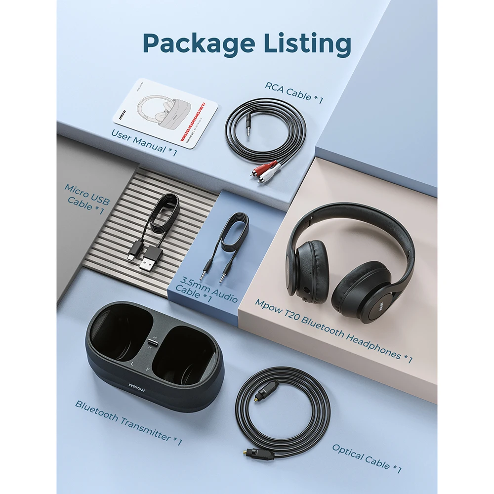 Mpow T20 Bluetoot ТВ гарнитура Беспроводной наушники с передатчиком 3 5 мм RCA AXU USB Порты и