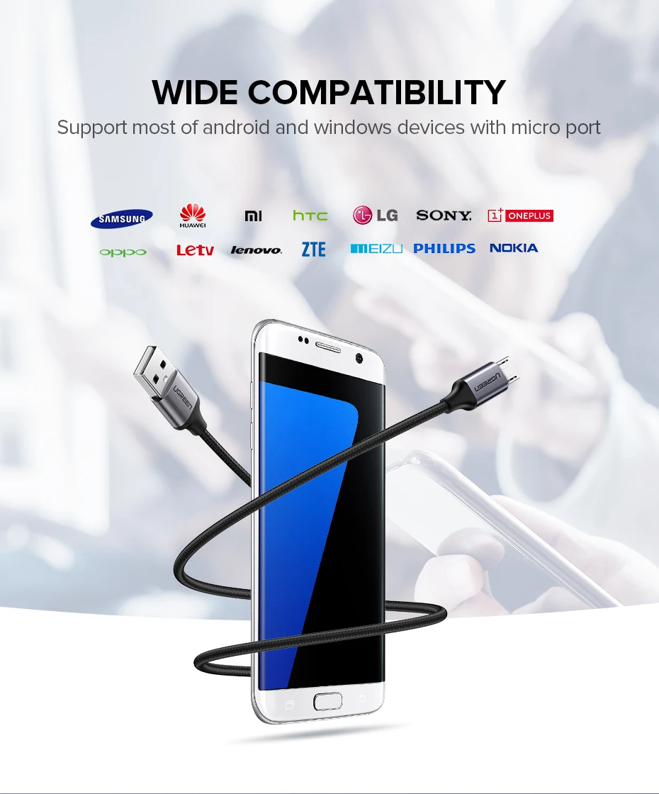 Ugreen Micro USB Кабель 2.4A Нейлоновый Шнур для Зарядки Телефона USB-кабель Провод для Быстрой Зарядки для Samsung s Huawei Xiaomi HTC LG Планшет Android зарядное устройство для телефона Кабель Micro USB