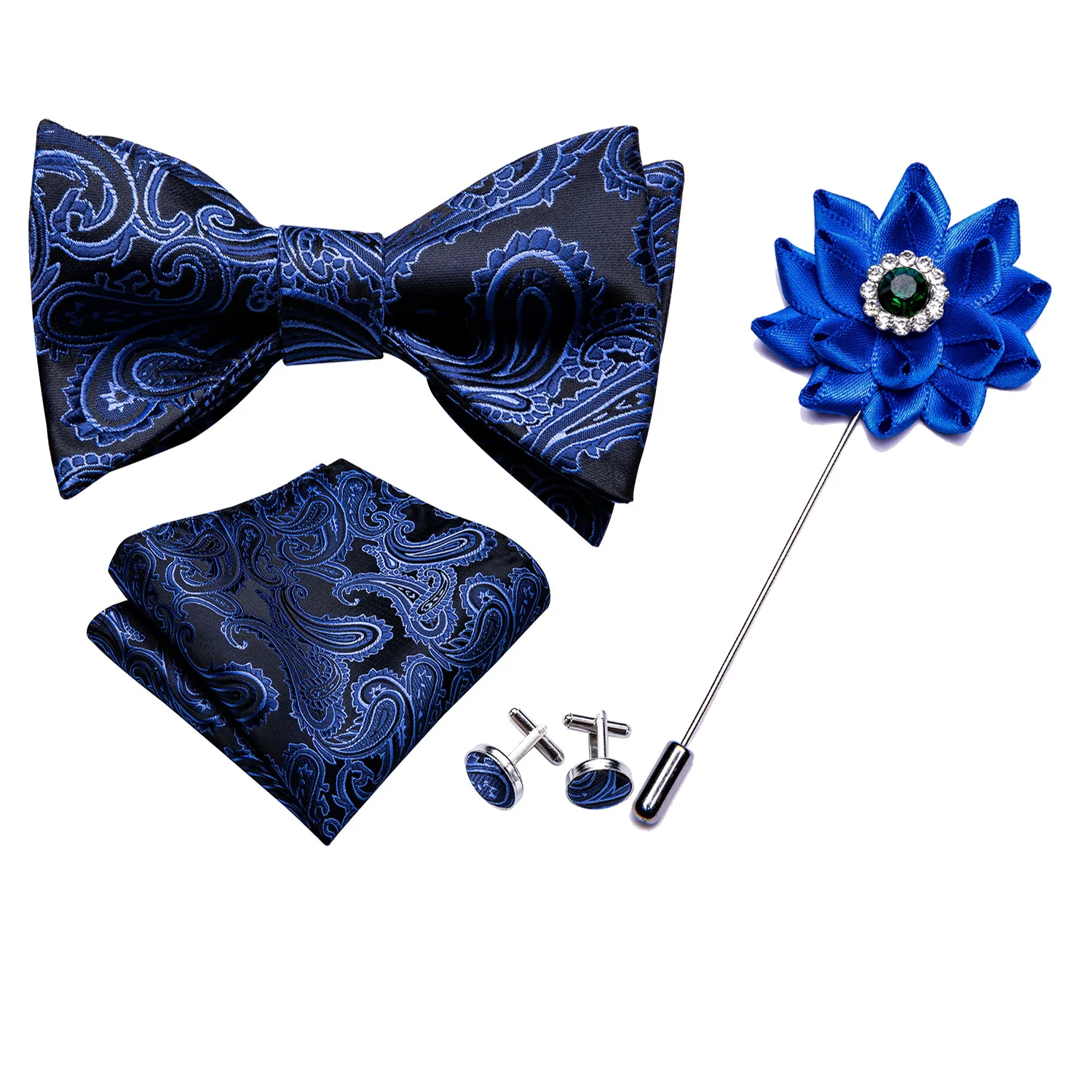 

Men Bowtie Blue Self-tied Bows Paisley Silk Tie Set Pocket Square Cufflinks Boutonniere Gift Tie for Wedding Party Barry.Wang