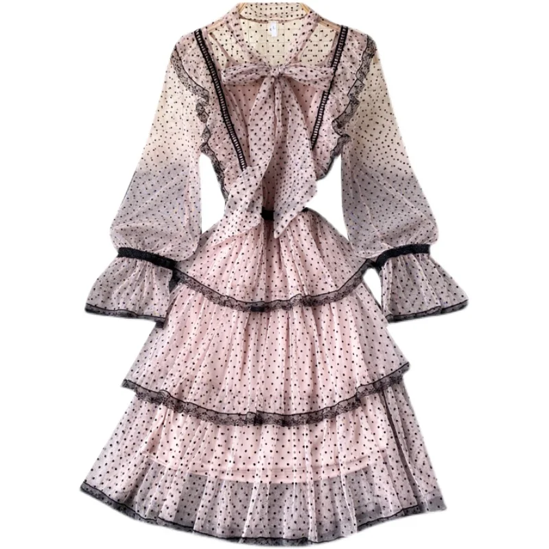 

Spring dress soft wind dress 2021 new sweet wave point Xianqi mesh lotus leaf cake small dress