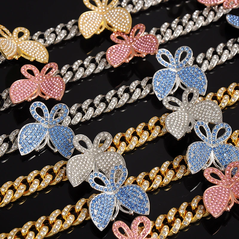 

1 New Fashion Charm Hip Hop Iced Out Paved Rhinestones 12MM Full Miami Curb Cuban Chain with Butterfly Necklaces for Men Jewelry