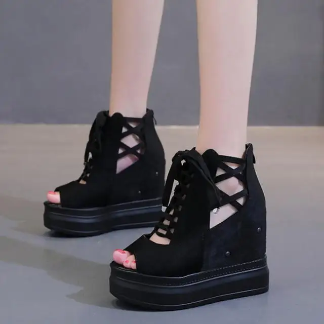 

2021 Sandals Female Shoe All-Match High Heels Open Toe Clogs Wedge Espadrilles Platform Increasing Height New Girls Comfort High