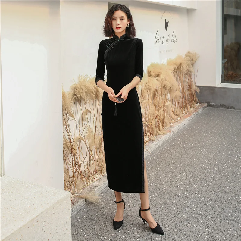 Длинный черный Чонсам из плюша для молодых девушек новинка на весну и осень