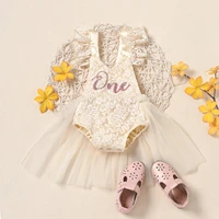 0 24m baby romper dress with mesh lace one letter print ruffles princess dress baby summer clothing for girls birthday gifts