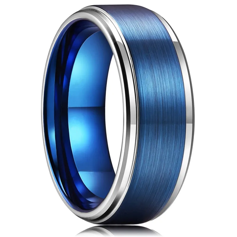 24 Styles Men's Fashion Simp Tungsten Carbid Silver Gold Color Matte Surface Beveled Blue Edge Rings Men Engagement Wedding Band |