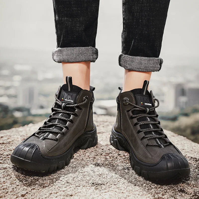 

Running Shoes Men Sports Shoes Waterproof Non-slip Round Lace Solid Color High-top Flat Casual Shoes Thick-soled Sports Shoes