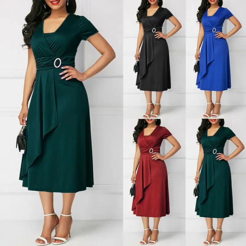 Элегантное женское однотонное асимметричное платье миди с высокой талией модное