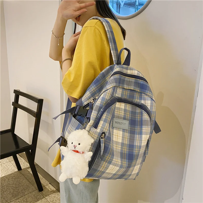 

Student Backpack Teens Schoolbag High Capacity Backbag Plaid Print Kawaii Bagpack University School Book Bags for Girls