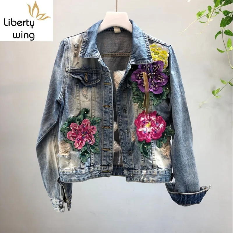 Appliques Flowers Beading Frayed Hole Denim Jacket Women Slim Fit Harajuku Single Breasted Long Sleeve Jeans Coat Ladies Fashion