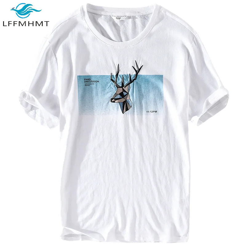 

Japan Style Casual Fashion Brand Cotton Linen Short Sleeve Tshirt Deer Embroidery High Quality Pullover Tee Male Casual Chic Top