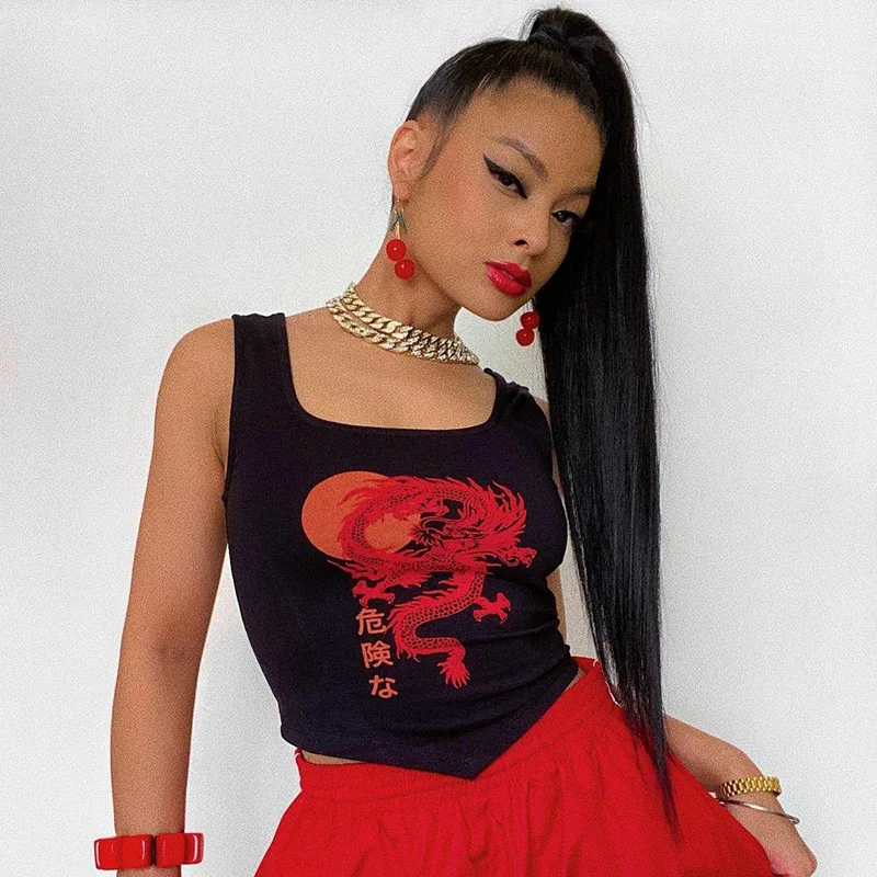 

Dark Demoniac Gothic Scary Square Neck Loong Dragon Printing Women Vest Sexy Crop Tops Female Sleeveless T-Shirt Black Camisole