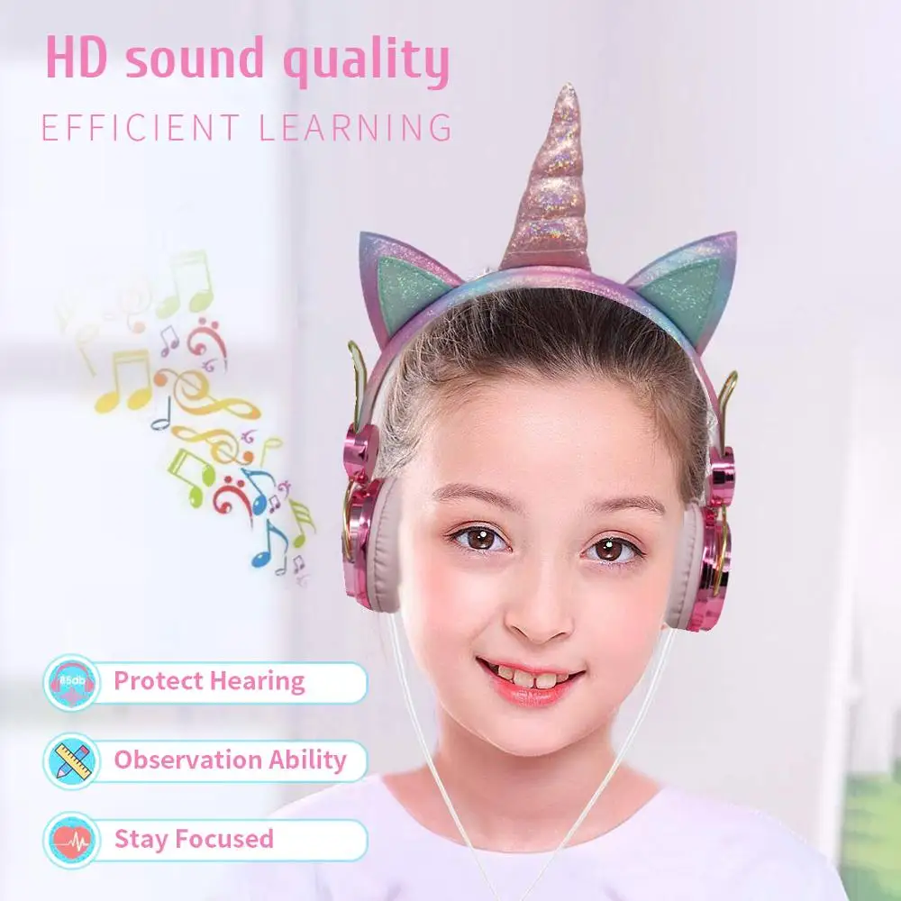 Qearfun Проводные наушники с микрофоном и милым единорогом детский музыкальный шлем