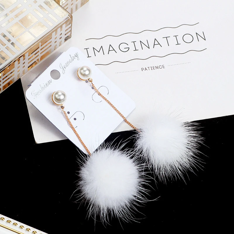 1 пара модные милые длинные висячие серьги с помпоном из кроличьего меха перьями