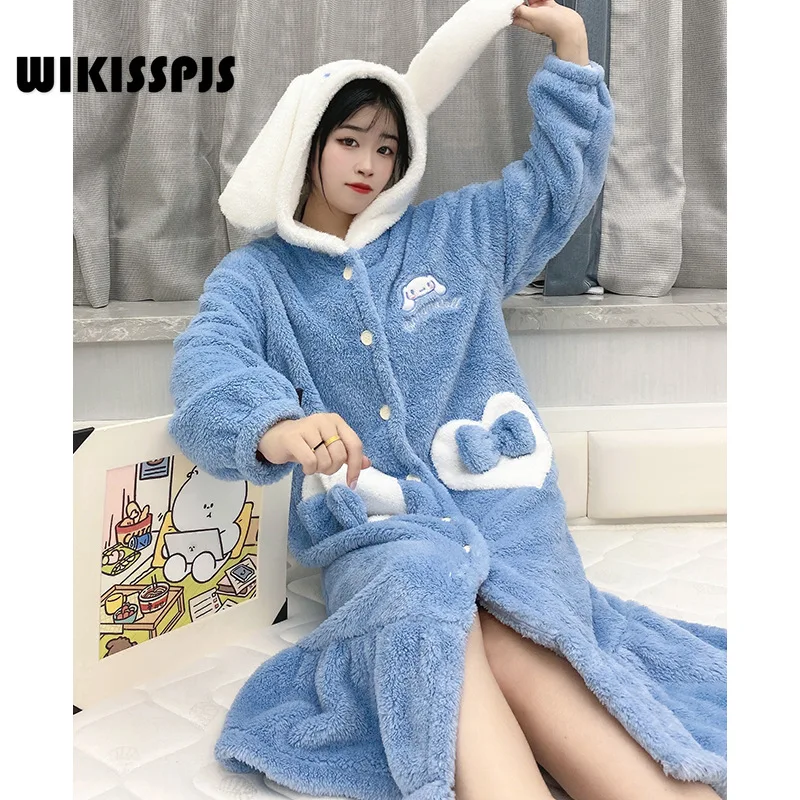 Coral Velvet Nightgown Female Students Thickened Soft Sister Big Eared Dog Pajamas  Winter Robes for Women Kawaii Sleepwear