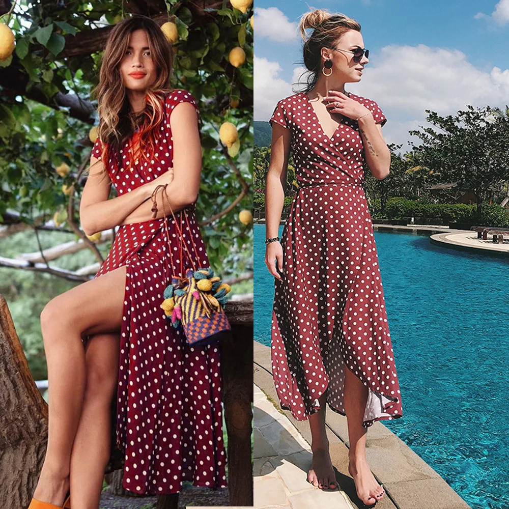 Модное платье в горошек с v образным вырезом элегантные летние Асимметричные