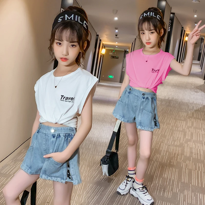 

Повседневный летний костюм для девочек, новинка 2020, хлопковая футболка без рукавов, джинсовые шорты, футболки с принтом, джинсовый комплект из двух предметов, одежда для девочек-подростков