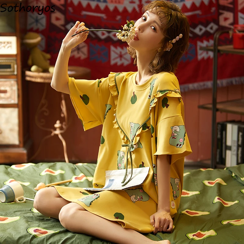 

Женские ночные рубашки для девочек летние шорты с длинными рукавами Ночная Сорочка свободного кроя с принтом, о-образным вырезом, милые, мил...