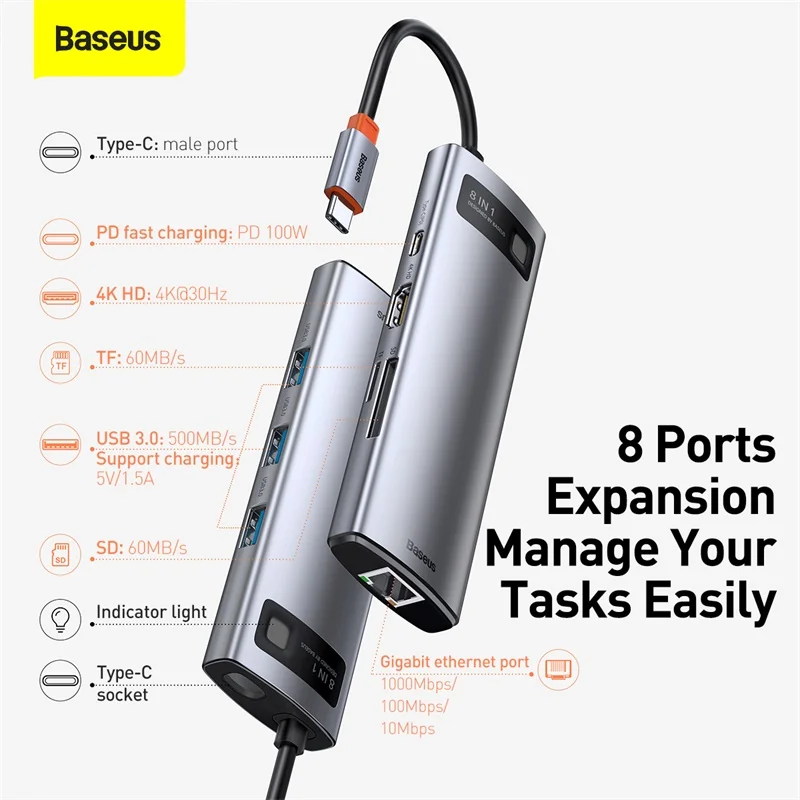 Концентратор Baseus USB Type-C 8 в 1 3 0 к HDMI RJ45 SD-ридер адаптер разветвитель для MacBook Pro Air