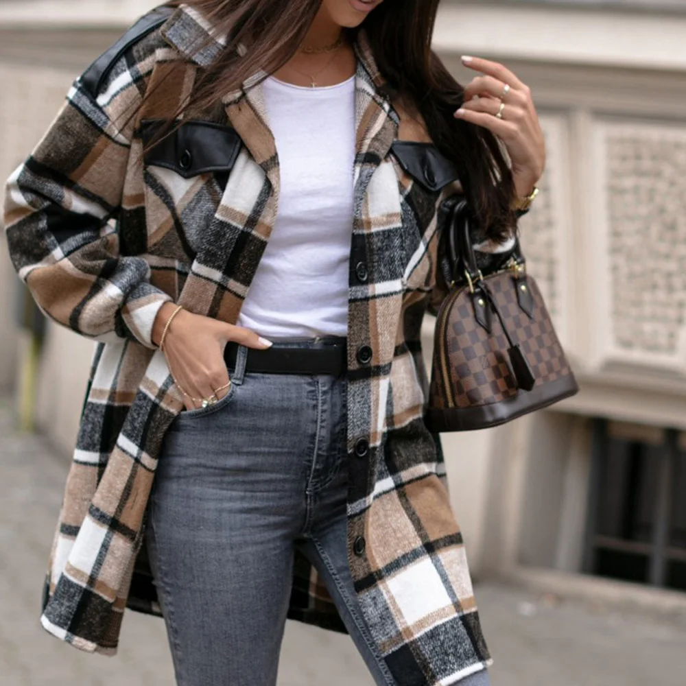 

European Women Fashion Lattice Jacket Lapel Long Sleeve Single Breasted Loose Cardigan Mid-length Autumn Jacket For Women